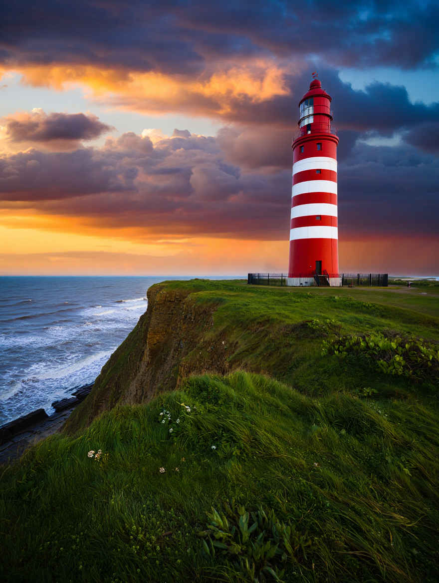 Nordseeküste mit Leuchtturm bei Sonnenuntergang